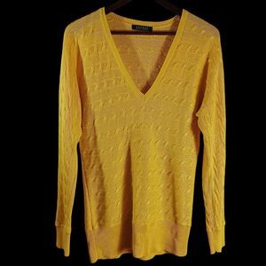 Lauren Ralph Lauren Yellow V-Neck Preppy Cable Knit Long Sleeve Sweater Size M